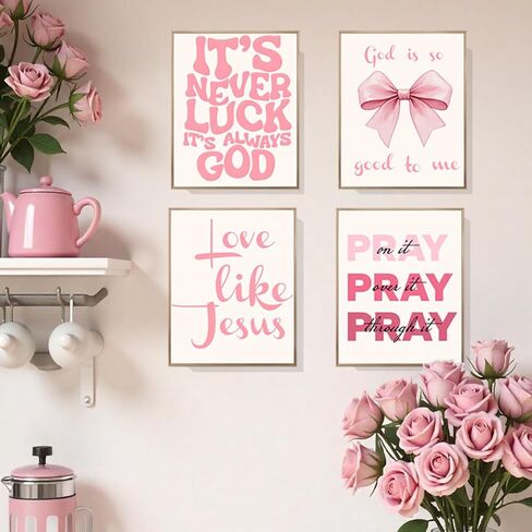 EVER-GOING TUNE Pink Girly Jesus جدار ديكور مجموعة من 4، آيات الكتاب المقدس الملهمة ملصق القوس، آيات الكتاب المقدس الملهمة القوس ديكور الفن، للفتيات غرفة نوم شقة ديكور السكن الجامعي، 8x10 غير مؤطرة in Kuwait