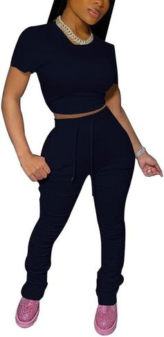 PINSV Women's 2 Piece Outfits Bodycon Lounge Wear Crop Top Stacked Pants Going Out Jogging Tracksuit Sets in Saudi Arabia