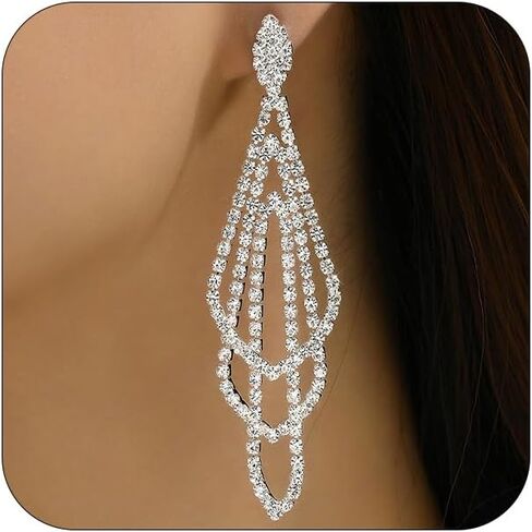 Sparkly Silver Crystal Dangly Earrings for Women Trendy, Statement Cubic Zirconia Drop Dangle Earring Long Rhinestone Tassel Party Prom Ear Jewelry Gift in Saudi Arabia