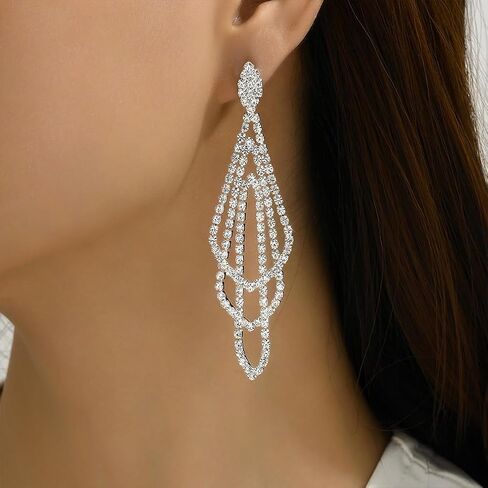 Sparkly Silver Crystal Dangly Earrings for Women Trendy, Statement Cubic Zirconia Drop Dangle Earring Long Rhinestone Tassel Party Prom Ear Jewelry Gift in Saudi Arabia
