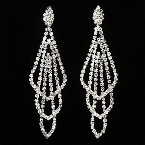 Sparkly Silver Crystal Dangly Earrings for Women Trendy, Statement Cubic Zirconia Drop Dangle Earring Long Rhinestone Tassel Party Prom Ear Jewelry Gift in Saudi Arabia