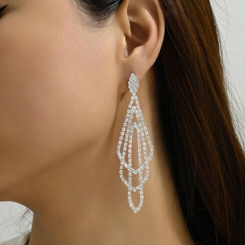 Sparkly Silver Crystal Dangly Earrings for Women Trendy, Statement Cubic Zirconia Drop Dangle Earring Long Rhinestone Tassel Party Prom Ear Jewelry Gift in Saudi Arabia