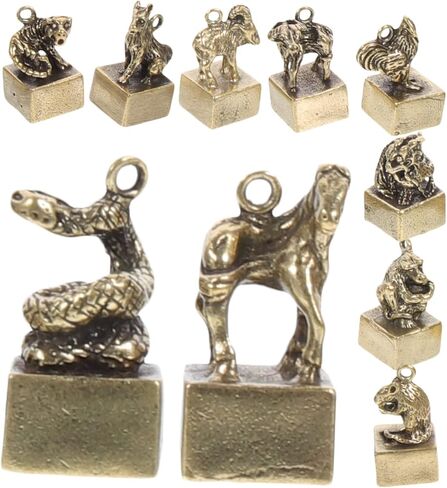 12Pcs Vintage Brass Zodiac Figurines Cute Chinese Zodiac Statues Key Chain Charms Decorative Sculptures for Home Decor and Desktop Zodiac Decoration in Saudi Arabia