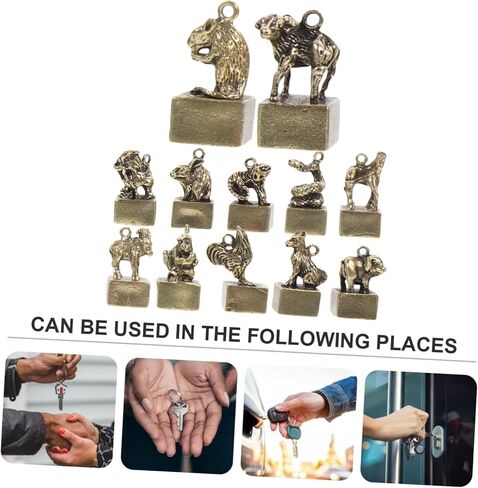 12Pcs Vintage Brass Zodiac Figurines Cute Chinese Zodiac Statues Key Chain Charms Decorative Sculptures for Home Decor and Desktop Zodiac Decoration in Saudi Arabia