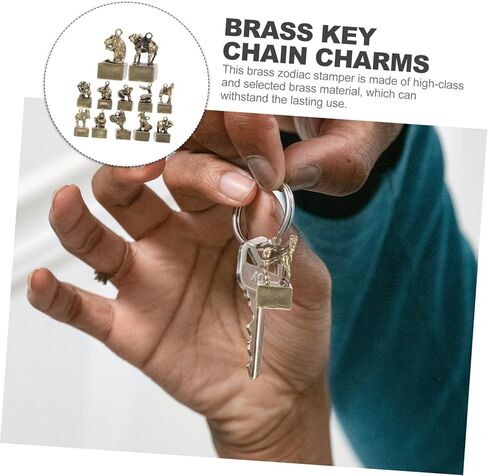 12Pcs Vintage Brass Zodiac Figurines Cute Chinese Zodiac Statues Key Chain Charms Decorative Sculptures for Home Decor and Desktop Zodiac Decoration in Saudi Arabia