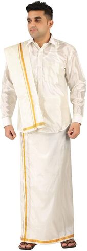 قميص PRAKASAM COTTON رجالي ذو مظهر حريري بأكمام عادية + طبقة مزدوجة 8 Mulam Dhoti (مقاس حر) + منشفة واحدة (أبيض، 42) in Kuwait