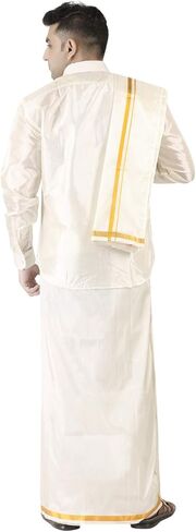 قميص PRAKASAM COTTON رجالي ذو مظهر حريري بأكمام عادية + طبقة مزدوجة 8 Mulam Dhoti (مقاس حر) + منشفة واحدة (أبيض، 42) in Kuwait