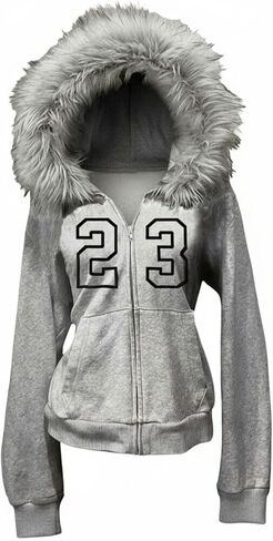 MakeMeChic Women's Fur Zip Up Hooded Sweatshirt Fuzzy Letter Print Long Sleeve Y2k Jersey Jacket in Saudi Arabia