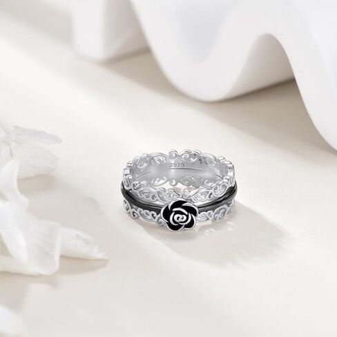 VONALA Black Rose Ring for Women 925 Sterling Silver Vintage Flower Fidget Ring Anxiety Gothic Spinner Ring Gift for Her in Saudi Arabia
