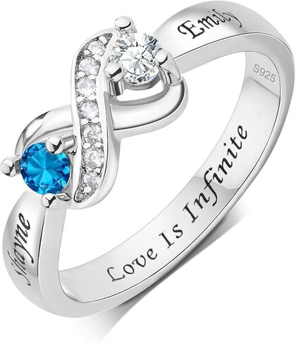 BAUMA AUTO 925 خاتم أمهات إنفينيتي من الفضة الإسترليني مخصص مع 2 جوهرة ميلاد مستديرة اسم مخصص خواتم محفورة لحفلات الزفاف / عيد الحب / هدايا عيد الأم in Kuwait