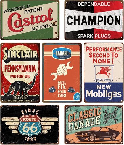 Vintage Metal Tin Signs Garage Signs, Man Cave Accessories Old Car Posters Motor Oil Antique Gas Oil Sign Tiki Bar Decor 8 x 12 Inch（7pcs） in Saudi Arabia