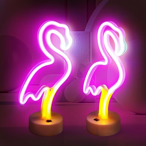 BRIGHTDECK 2 Pack Flamingo Neon Signs, LED Pink Flamingo Neon Sign Battery Operated or USB Powered Decoration Lamp, Flamingo Lights Decor for Bedroom, Wedding, Party, Pink Room Decor in Saudi Arabia