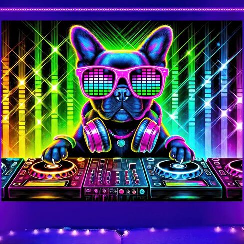 BlissYard Dog Blacklight DJ Tapestry 78x59 inch Bulldog Tapestry UV Reactive Black Light Music Glow in The Dark Poster Hippie Wall UV for Bedroom Decoration Living Room Artwork Room Backdrop in Saudi Arabia