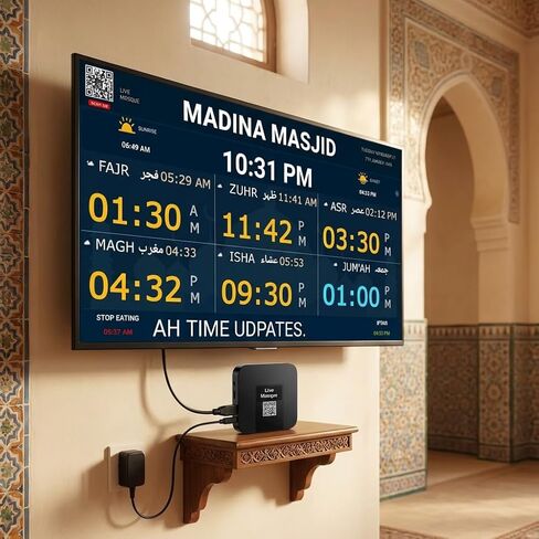 ساعة رقمية للمسجد المباشر لعرض الإقامة مباشرة على شاشة التلفزيون أو الشاشة. يدعم شاشات التلفاز من 25 إلى 150 بوصة (الشاشة غير متضمنة). للاستخدام في عرض المسجد فقط - وليس للاستخدام المنزلي. in Kuwait