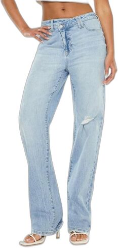 Womens Casual Straight Leg Jeans Retro High Waisted Distressed Denim Pants Light Blue Wash Vintage Style in Kuwait