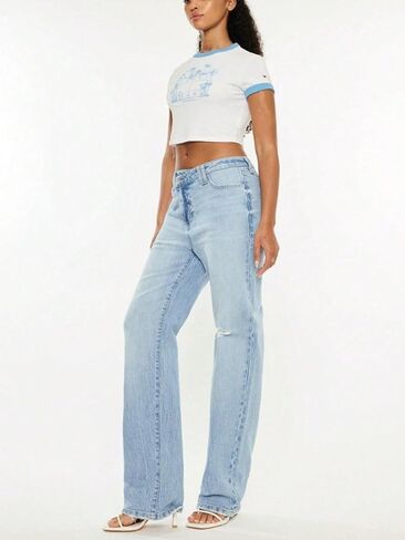 Womens Casual Straight Leg Jeans Retro High Waisted Distressed Denim Pants Light Blue Wash Vintage Style in Kuwait