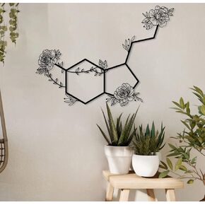 Serotonin Metal Wall Art – Flowered Serotonin Molecule Symbol of Happiness Wall Decor, Unique Black Metal Home Decor for Living Room, Bedroom, Kitchen, Boho Housewarming Gift (Black, 18.9" x 13.8" / 48 x 35 cm) in Saudi Arabia