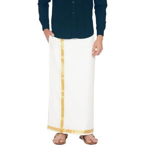 مجموعة SETHUKRISHNA للرجال باللون الأبيض من الحرير الجاهز للجيب Dhoti (أبيض) (مقاس واحد) (D318) in Kuwait