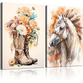 Eysintum Western Canvas Wall Art Set of 2 Rustic Farmhouse Decor Vintage Cowgirl Boots and Horse Prints Country Animal Wall Art for Bedroom Living Room 12x16in Ready to Hang in Saudi Arabia