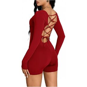 WDIRARA Women's Shorts Bodysuit Long Sleeve Backless Bodycon Jumpsuit Square Neck Crisscross Tie Romper One Piece Outfits in Kuwait