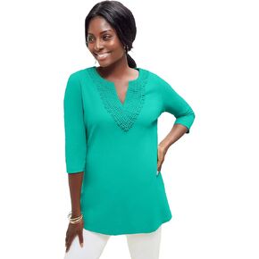 Jessica London Women's Plus Size Stretch Cotton Crochet Notch Neck Tunic in Kuwait