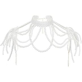 AHANDMAKER 1Pc Pearl Body Chain White Adjustable 19.29in x13.39in Women Rave Jewelry Shoulder Necklace for Party Burlesque Outfits Halloween Boudoir Photography Decoration in Saudi Arabia