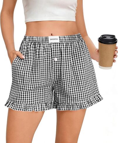 SWOMOG Womens 100% cotton Boxer Shorts Pajama Ruffle Gingham Shorts Summer Casual Lounge Sleep Bottoms Pockets 2026 Trendy in Saudi Arabia