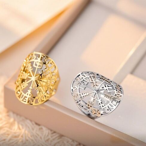 Pregeckit Vegvisir رمز الفايكنج الدائري القراصنة البوصلة خواتم للرجال النساء نورس رون فالكنوت أودين قابل للتعديل مجوهرات من صلب لا يصدأ in Kuwait