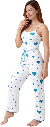 Women's 2-Piece Pajama Set: Ruffled Low Crew Neck Camisole and Pants Set, White Breathable & Soft Casual Love Print in Kuwait