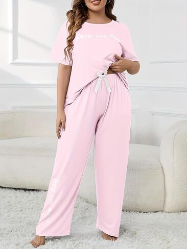 Plus Size Women's Cute Pajama Set, Plus Size Letter Print Short Sleeve Top and Pants Casual 2pcs in Saudi Arabia