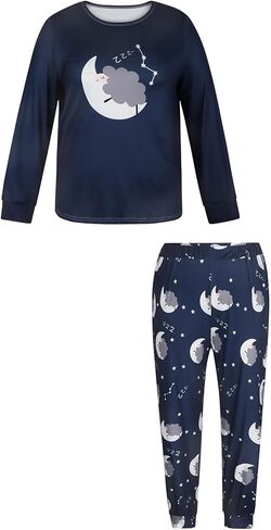 Plus-Size Women's Long-Sleeved Pajama Set, Round Neck, Soft Fabric, Elastic Waistband, Comfortable Women's Loungewear in Saudi Arabia