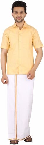 براكاسام قطن، أبيض مع حدود ذهبية، Dhoti فردي للرجال (1.28X2.00 متر) in Kuwait