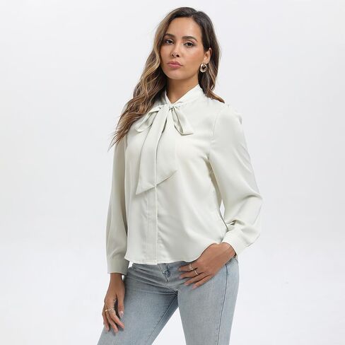 Womens Cream Satin Bow Tie Neck Button Down Shirt Long Sleeve Top Dressy Business Casual Blouse in Saudi Arabia