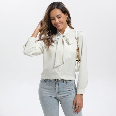 Womens Cream Satin Bow Tie Neck Button Down Shirt Long Sleeve Top Dressy Business Casual Blouse in Saudi Arabia