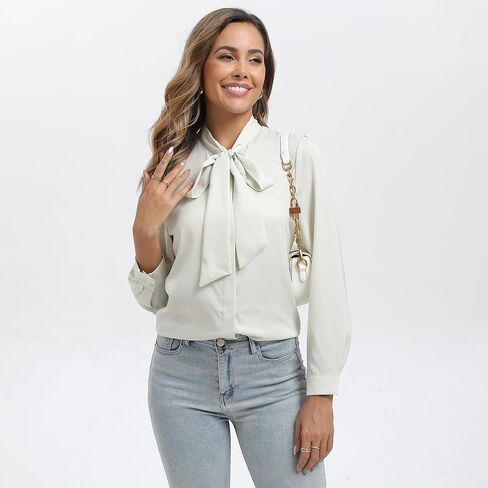 Womens Cream Satin Bow Tie Neck Button Down Shirt Long Sleeve Top Dressy Business Casual Blouse in Saudi Arabia