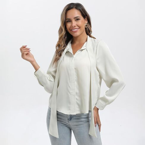 Womens Cream Satin Bow Tie Neck Button Down Shirt Long Sleeve Top Dressy Business Casual Blouse in Saudi Arabia
