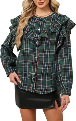 Women Plaid Ruffle Blouse Long Sleeve Button Down Shirt Christmas Tartan Top Casual Holiday Checkered Shirt in Saudi Arabia