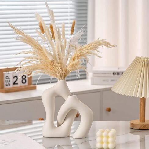 Ceramic Vase Set of 2, Farmhouse Decor Cream White Cute Vases for Home Kitchen Bedroom Office Living Room Centerpiece Table Shelf Desk Decorations, Housewarming Gifts for Women Men in Saudi Arabia