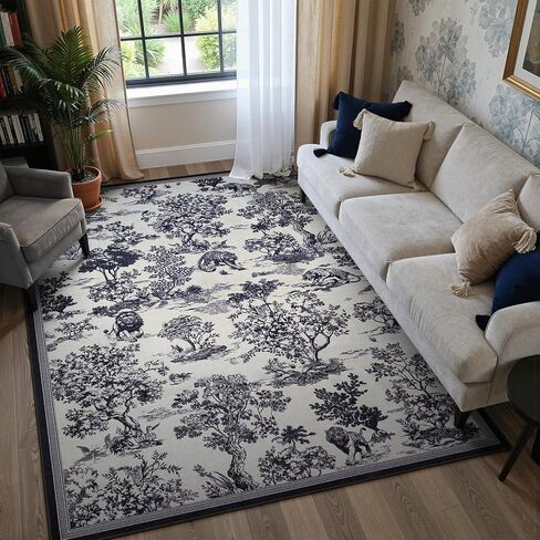 LIVEBOX 8x10 Area Rugs for Living Room, Washable Black and White Rug for Bedroom Dining Room Nursery Room, Soft Low Pile Non Slip, Vintage Animal Jungle Print Carpet Home Décor in Saudi Arabia