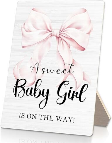 RUNMESS a Sweet Baby Girl Baby Shower Wooden Sign Stand 5x7inch, Baby Shower Decorations for Girl, Pink Coquette Bow Girl Baby Shower Sign Stand, Pink Baby Shower Decorations in Saudi Arabia