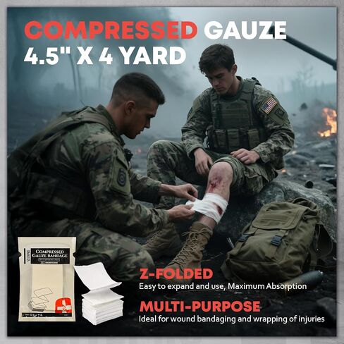 4 قطع من الشاش المضغوط المعقم المطوي على شكل حرف Z، مقاس 4.5 بوصة × 4.1 بوصة - وسادة شاش طبية قطن 100% لتضميد الجروح في حالات الطوارئ، وإيقاف النزيف، ومجموعة الصدمات، وإعادة تعبئة مجموعة الإسعافات الأولية (4 قطع) in Kuwait