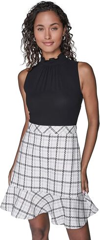 Karl Lagerfeld Women's Long Sleeve Metallic Plaid Tweed A-line Dress in Saudi Arabia