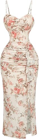GORGLITTER Women's Mesh Floral Print Ruffle Dress Slit Thigh Ruched Spaghetti Strap Cami Dresses 2025 Vacation in Saudi Arabia