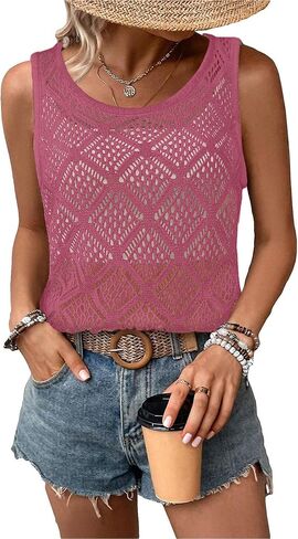 Women's Hollow Sweater Vest Crochet Tank Tops Knit Out Sleeveless Cover Up Summer Boho Top Pullover in Kuwait