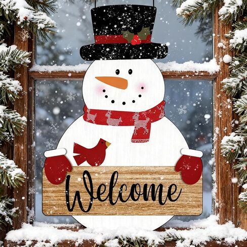 Snowman Merry Christmas Welcome Sign - Snowman Christmas Door Hanger - Hello Winter Snowflake Round Wooden Decor for Tree, Front Door, Porch, Wall, Party Hanging Decorations, 10X10 Inches -B09 in Saudi Arabia