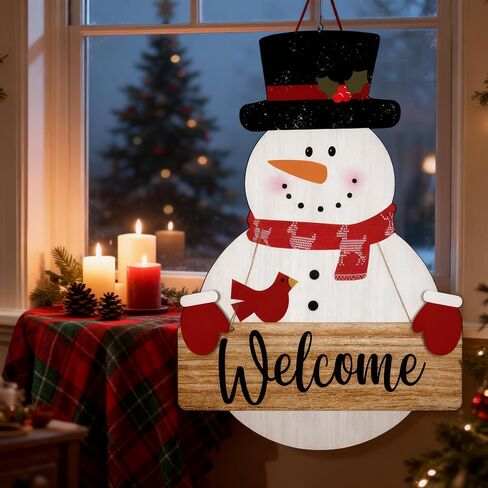 Snowman Merry Christmas Welcome Sign - Snowman Christmas Door Hanger - Hello Winter Snowflake Round Wooden Decor for Tree, Front Door, Porch, Wall, Party Hanging Decorations, 10X10 Inches -B09 in Saudi Arabia