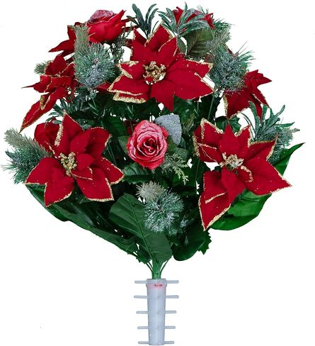 Sympathy Silks Artificial Cemetery Flowers - Red Poinsettias and Roses with Glitter and Frosted Pine Branches - (1) Bouquet in Saudi Arabia