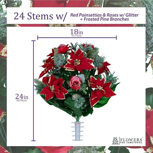 Sympathy Silks Artificial Cemetery Flowers - Red Poinsettias and Roses with Glitter and Frosted Pine Branches - (1) Bouquet in Saudi Arabia