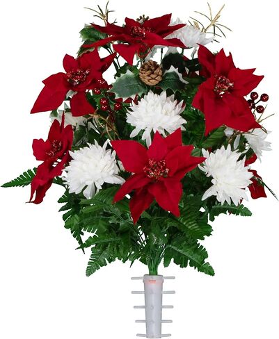 Sympathy Silks Artificial Cemetery Flowers - Red Poinsettias and Roses with Glitter and Frosted Pine Branches - (1) Bouquet in Saudi Arabia