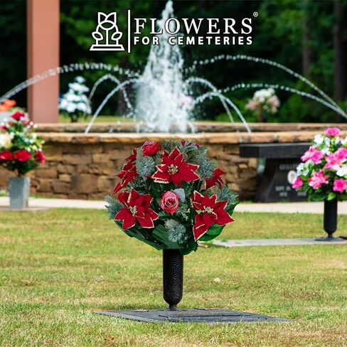 Sympathy Silks Artificial Cemetery Flowers - Red Poinsettias and Roses with Glitter and Frosted Pine Branches - (1) Bouquet in Saudi Arabia